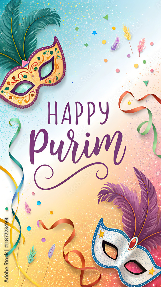 Obraz premium Festive Purim card featuring colorful masks, ribbons, and confetti with cursive text 