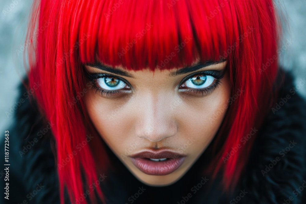 Obraz premium Short trim - red hair. Commercial ad visual idea. Stunning very amazed black girl - for ads, billboard ad and online promotion use. Commercial black model. Black elegance portrait.