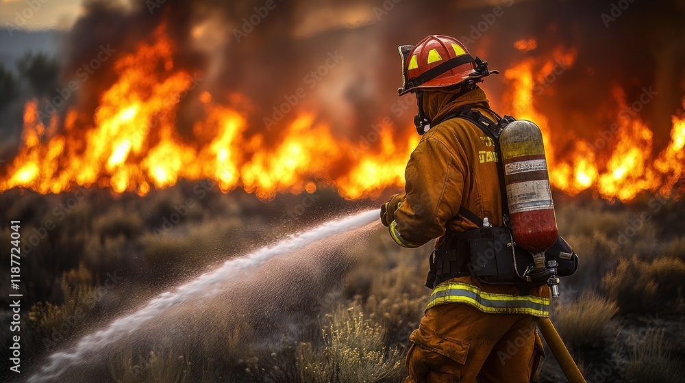 Firefighter battling wildfire, courageous action, fiery landscape, environmental disaster, stock photo Firefighter battling wildfire, courageous action, fiery landscape, environmental disaster, stock photo