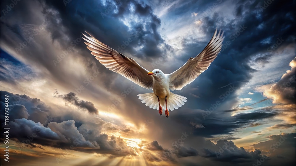 Fototapeta premium A bird in mid-flight with wings outstretched and feathers ruffled by strong wind as storm clouds loom behind it , wildlife, sky