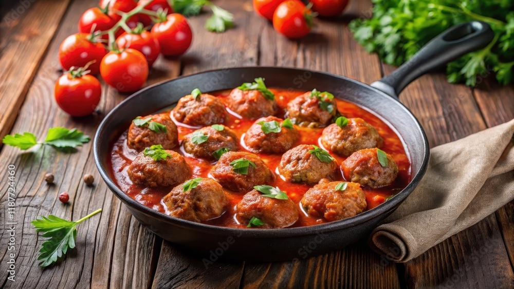 Sizzling meatballs in a savory tomato sauce simmering away in a cast iron skillet over medium heat , meal, food Sizzling meatballs in a savory tomato sauce simmering away in a cast iron skillet over medium heat , meal, food