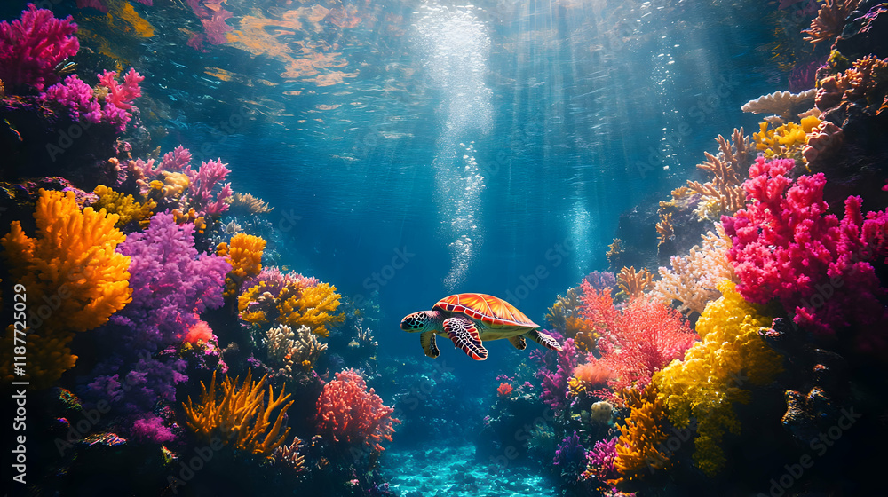 Naklejka premium Illustration - Vibrant Coral Reef, Sea Turtle, Ocean Sunlight