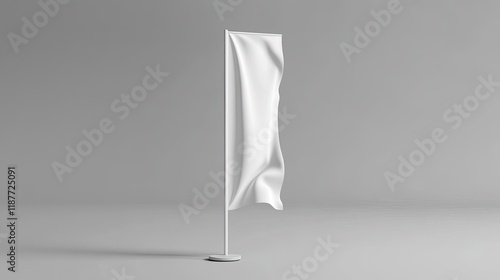 White blank vertical feather flag banner mockup on a stand, isolated on light grey background.