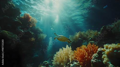 Wallpaper Mural Photo - Majestic Sea Turtle and Vibrant Coral Reef Torontodigital.ca