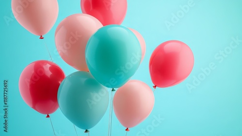 Colorful coral, pink, and turquoise balloons floating in the air for a festive birthday celebration, vibrant party decorations photo