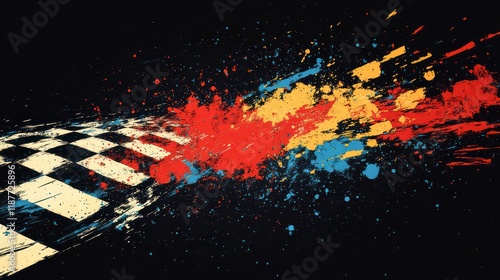 Abstract checkered flag with vibrant paint splatters. photo