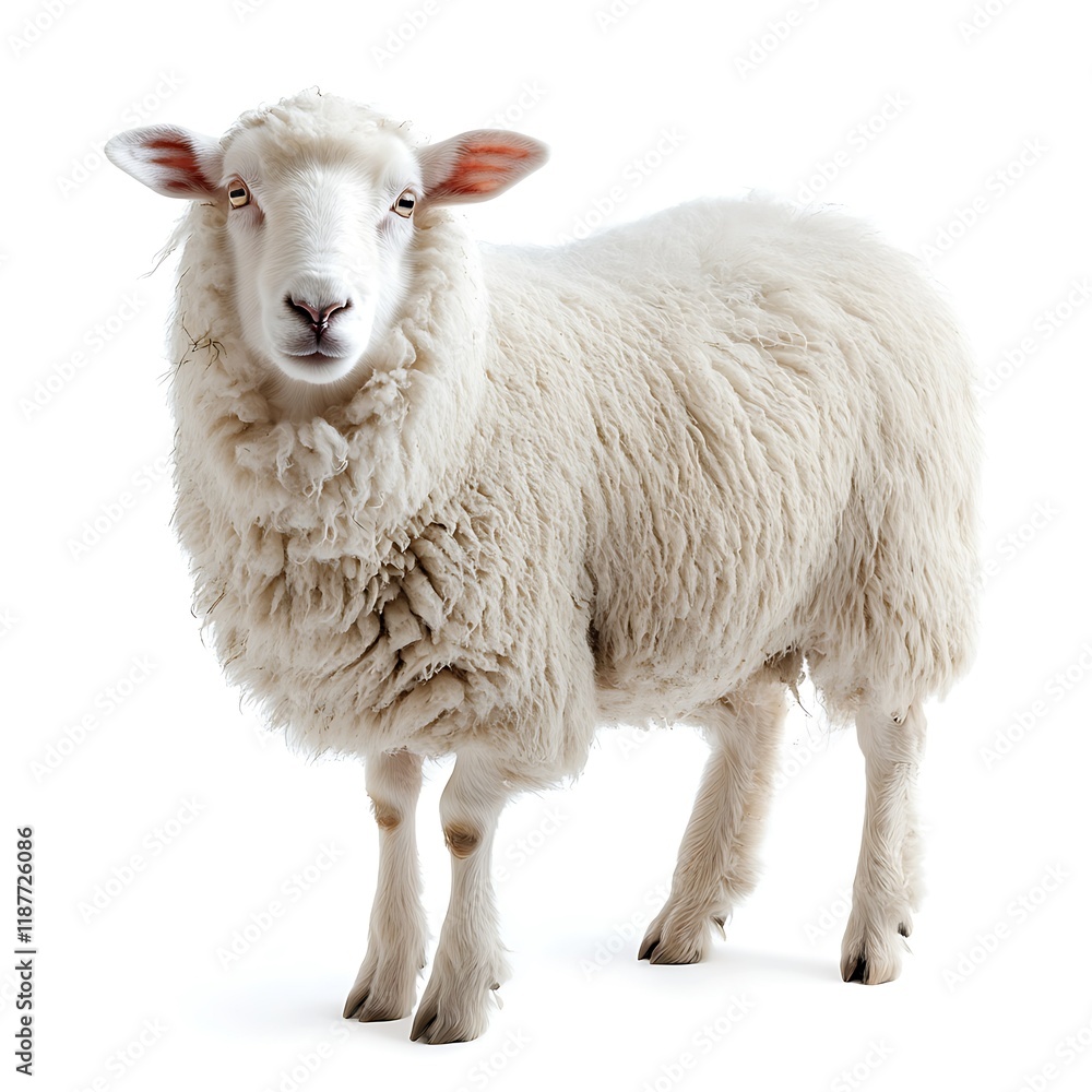 Fototapeta premium Fluffy sheep standing, white background, farm animal portrait, agriculture