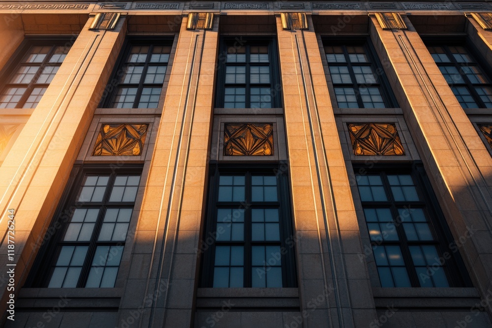 Obraz premium Sunlit architectural facade with geometric patterns and large windows