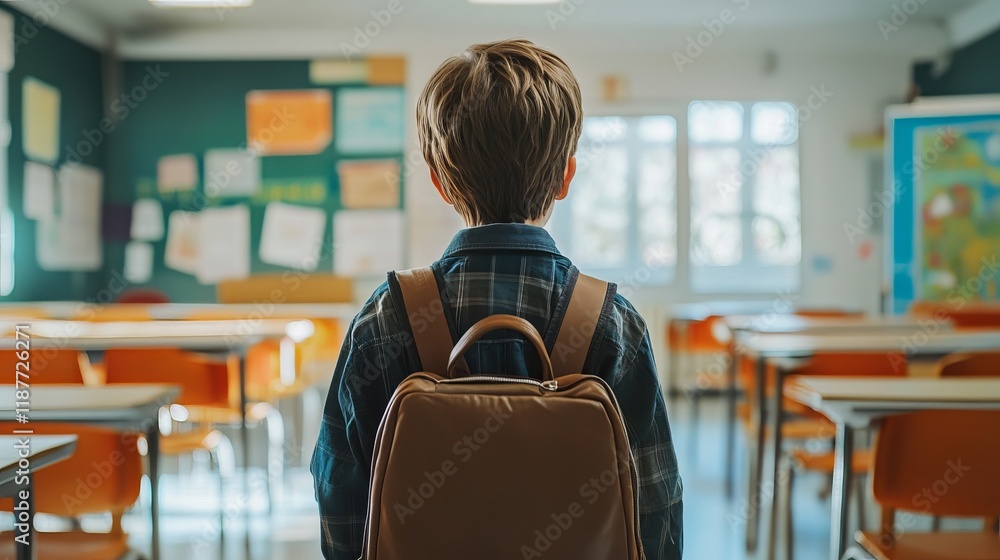Boy with schoolbag standing in classroom, ready for school day Boy with schoolbag standing in classroom, ready for school day