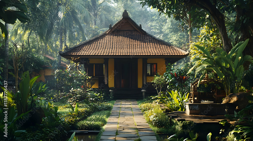 3D Illustration Tropical Paradise Jungle House Lush Greenery Scenic Path Sunlight 3D Illustration Tropical Paradise Jungle House Lush Greenery Scenic Path Sunlight