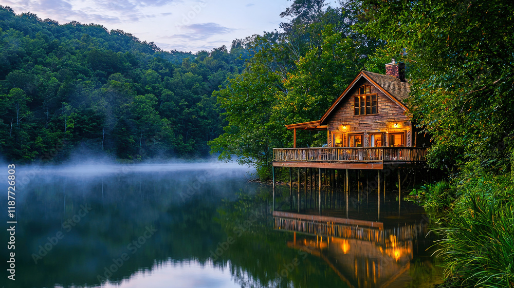 Fototapeta premium Quiet Lakeside Mountain Cabin. Dawn mist rising from lake, deck view. Secluded & peaceful retreat. Tranquil mountain lake cabin scene