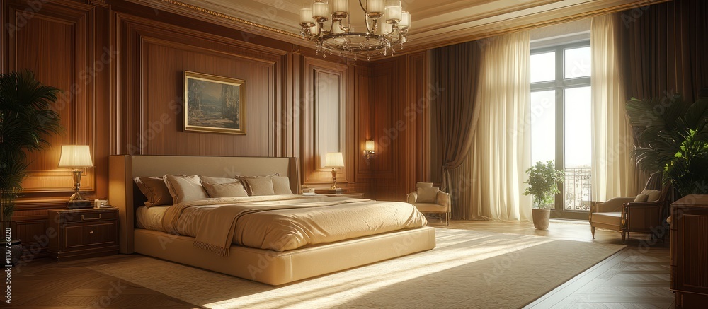 Luxurious bedroom sunrise, wooden walls, city view Luxurious bedroom sunrise, wooden walls, city view