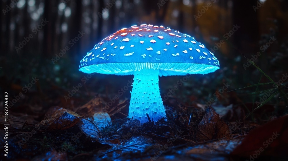 Fototapeta premium Luminous blue mushroom glowing in an enchanted forest at night