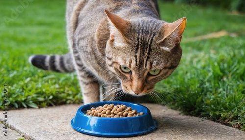 A tabby cat intently eating kibble from a bowl outdoors. photo