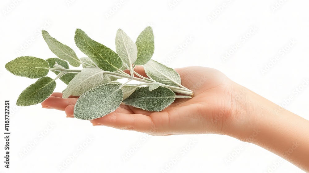 Female Hand Holding Fresh Green Branch with Soft Leaves Female Hand Holding Fresh Green Branch with Soft Leaves