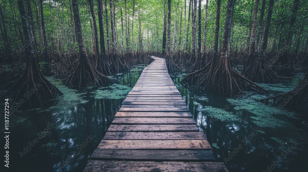 Obraz premium Wooden boardwalk path through lush mangrove forest with exposed roots and dark water.