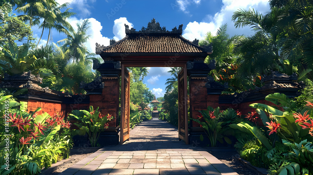 Illustration - Tropical Paradise Garden with Traditional Gate Entrance Illustration - Tropical Paradise Garden with Traditional Gate Entrance