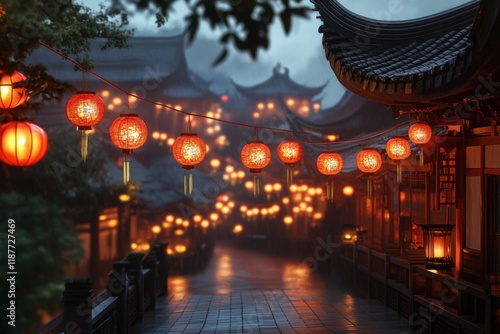 Wallpaper Mural Lanterns illuminate a traditional asian street on a rainy evening Torontodigital.ca