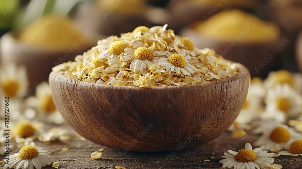 Wooden bowl of chamomile oats, close-up, rustic kitchen, herbal tea background Wooden bowl of chamomile oats, close-up, rustic kitchen, herbal tea background