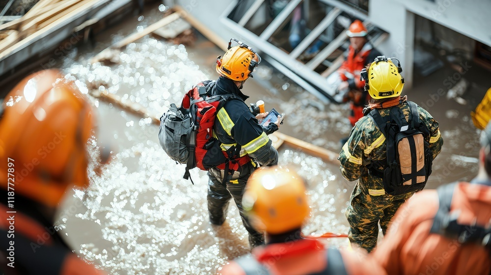 Fototapeta premium Emergency Response Team in Flooded Area During Rescue Operations