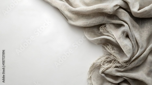 Beige fabric draped on white background, copy space. Lifestyle product shot