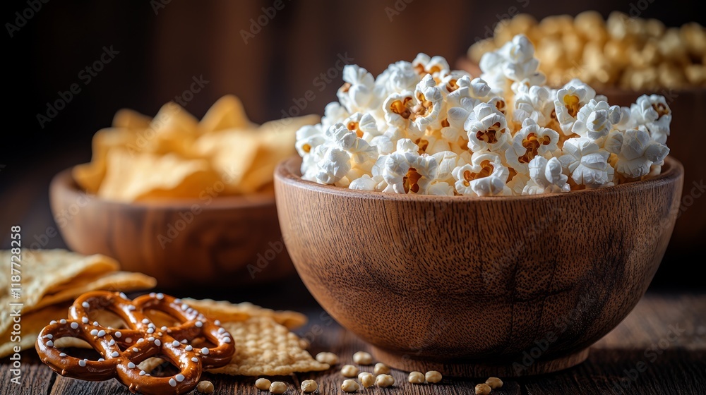 Wooden bowl popcorn snacks movie night Wooden bowl popcorn snacks movie night