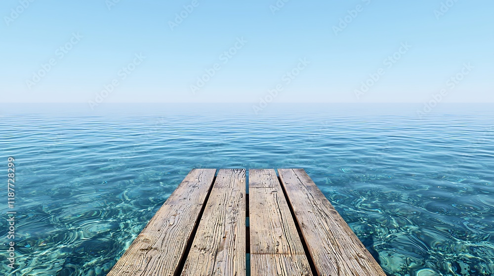 Tranquil ocean scene with wooden dock extending into clear water under a serene sky. Tranquil ocean scene with wooden dock extending into clear water under a serene sky.