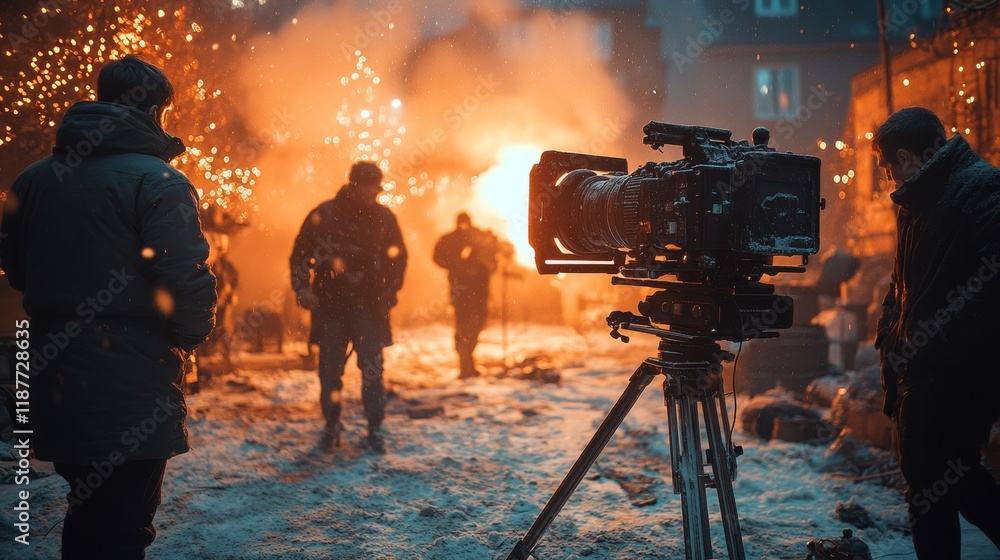 Fototapeta premium Filmmaking crew on snowy outdoor set with camera and lights at night