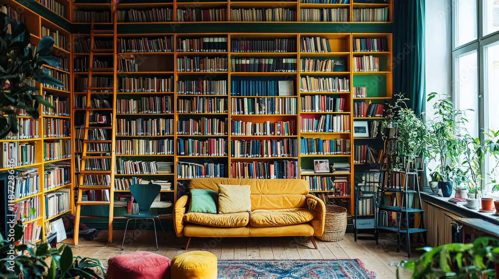 Quirky Home Library Interior. Colorful bookshelves, ladder & cozy seating. Unique & inviting reading space. Personal & whimsical home library
