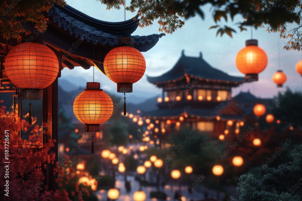 Fototapeta premium Tranquil evening lantern festival in traditional chinese village