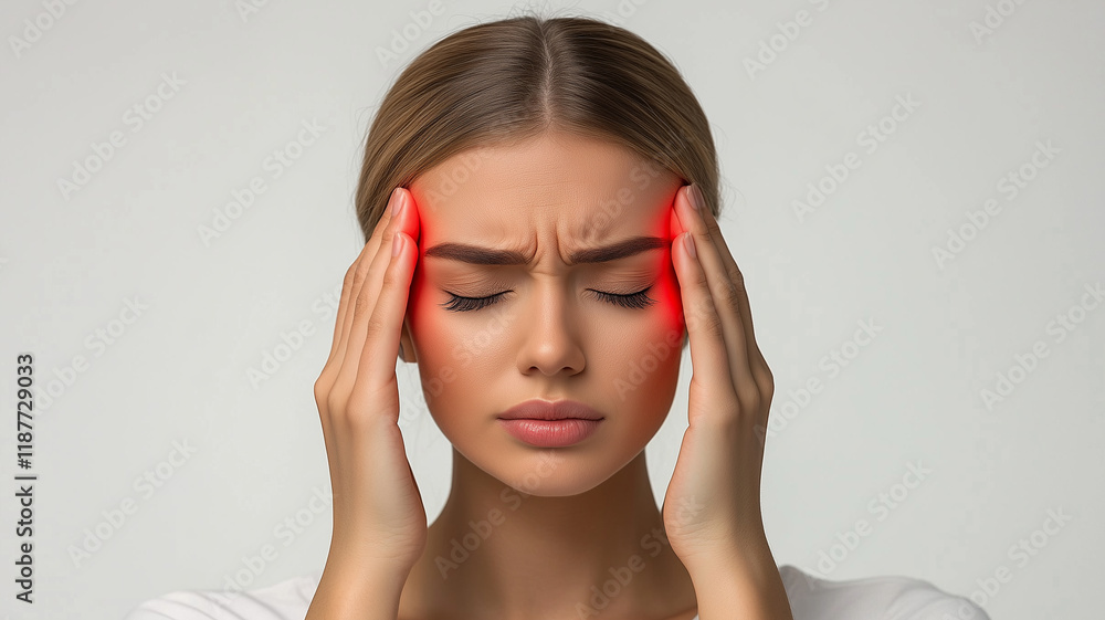 Woman Suffering from Headache or Migraine with Pain Highlight Woman Suffering from Headache or Migraine with Pain Highlight