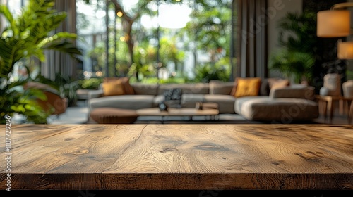 Wallpaper Mural Wooden table in modern living room, lush garden view. For product display Torontodigital.ca