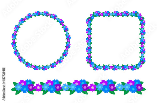 Frame set  including round, square frames and border. Floral templates with blue and purple flowers isolated on a white background. The center of frame is free for your inscription. Flat style. 