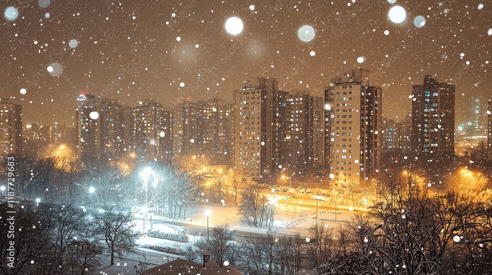 Fototapeta premium Snowy Night Cityscape with Falling Snow and Illuminated Buildings