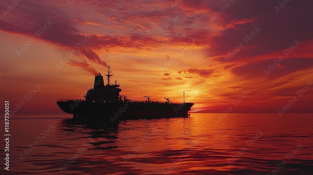 Naklejka premium Sunset Over a Cargo Ship Silhouette on Calm Ocean Waters
