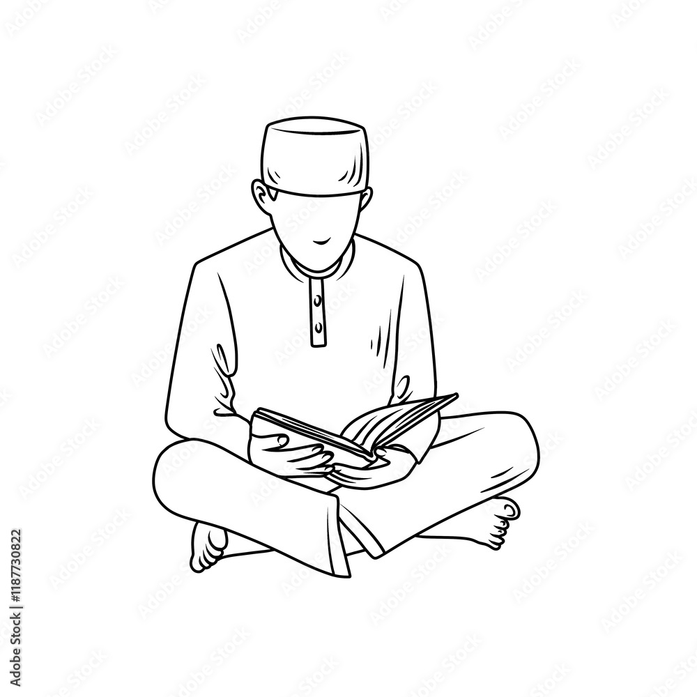 Muslim Reciting the Koran Thin Line Illustration Muslim Reciting the Koran Thin Line Illustration