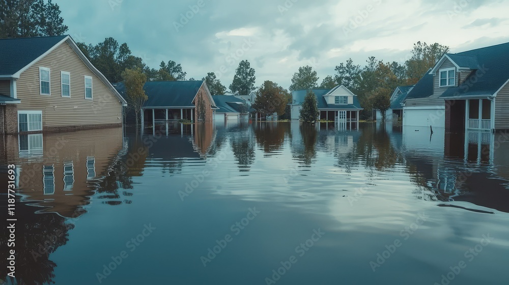 Obraz premium Flooded Neighborhood After Severe Storm with Submerged Houses