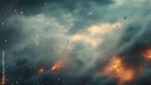 Fiery embers and smoke rise into a stormy sky.