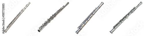 Flute, silver finish and detailed engravings, 3D watercolor illustration collection, PNG transparent background, clipart style
