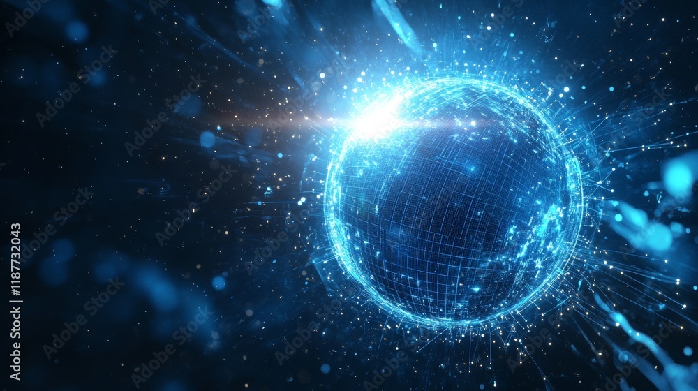 Fototapeta premium Futuristic digital globe with glowing blue light and data matrix in space