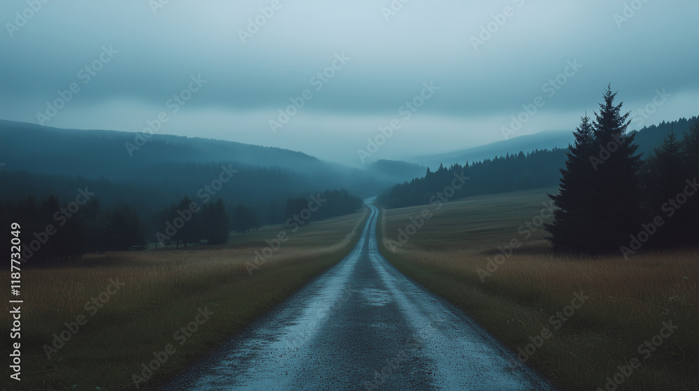 Fototapeta premium 夜明けの郊外にある丘陵地帯で雨上がりの濡れた1本道をリアルに描いたAI生成画像