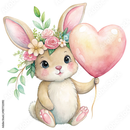 Cute rabbit sitting holding a heart balloon Flower Valentine's Day and Mother's Day  Clipart Watercolor ,White Background