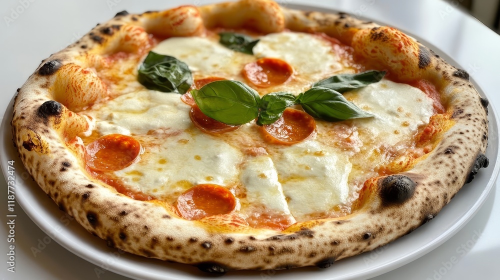 Delicious pepperoni pizza with fresh basil topping on a white plate Delicious pepperoni pizza with fresh basil topping on a white plate