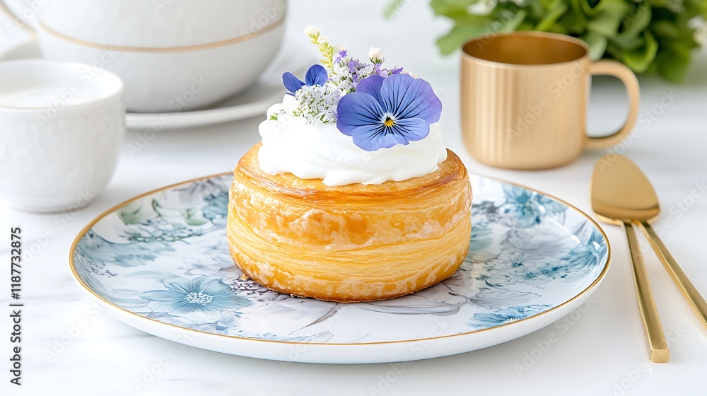 Delicious Pastry with Whipped Cream and Flowers Delicious Pastry with Whipped Cream and Flowers