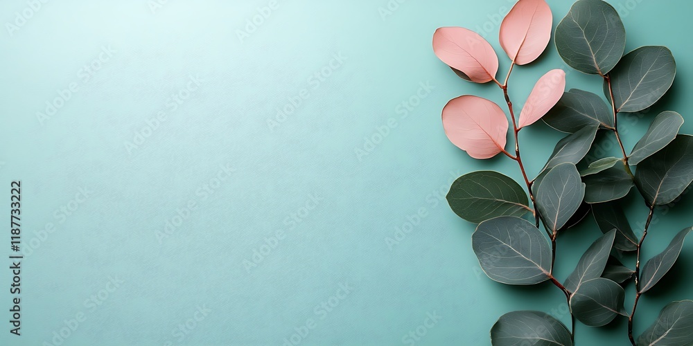 Obraz premium Pastel eucalyptus leaves on teal background; nature, beauty, design