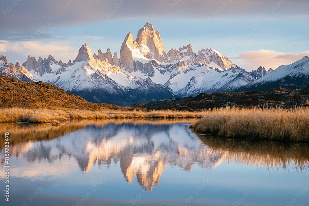 Majestic fitz roy mountain reflected in calm lake at sunrise Majestic fitz roy mountain reflected in calm lake at sunrise