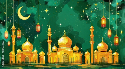 A luxurious Idul Fitri 2025 event background featuring golden domes, crescent moons, and twinkling lanterns on a rich emerald green backdrop.