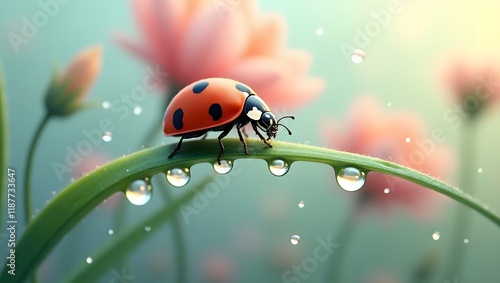 A vibrant ladybug crawls along a dewy leaf, with a soft focus on pink flowers in the background. photo