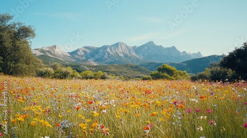 Scenic mountain landscape with colorful wildflower meadow under clear blue sky photo