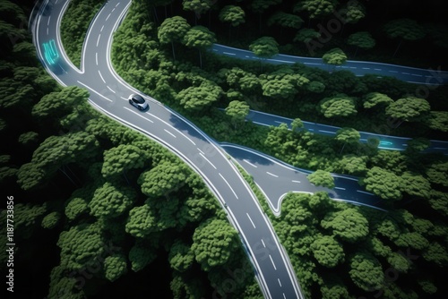 Aerial view of a winding mountain highway with cars surrounded by lush green trees and a river crossing under a bridge photo